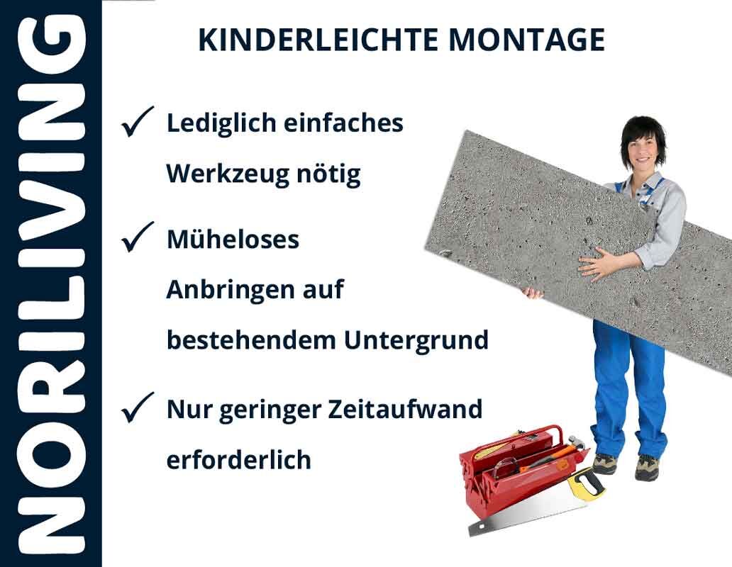Person zeigt eine einfache Montage, benötigt nur grundlegendes Werkzeug. Ideal für bestehende Untergründe.