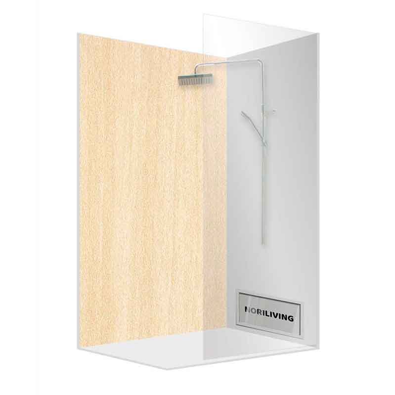 Design-Dusche mit Glaswand, Regenduschkopf und Holzdekor