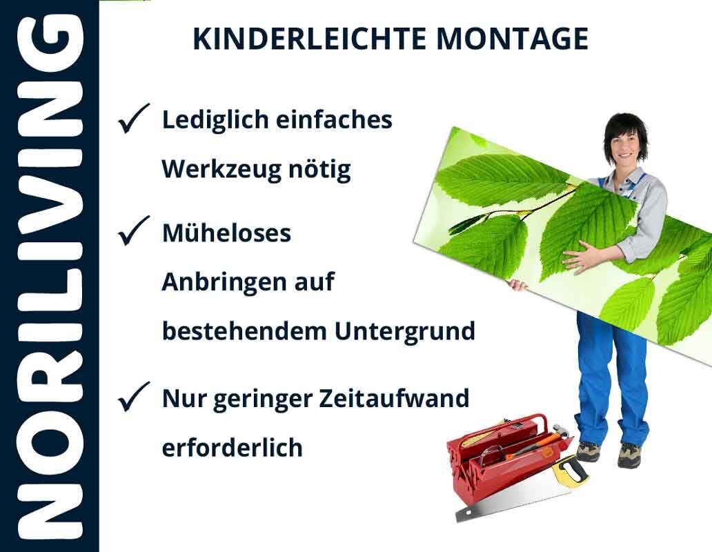 Person hält ein großes Blattbild; Text: Kinderleichte Montage, lediglich einfaches Werkzeug nötig, müheloses Anbringen, geringer Zeitaufwand