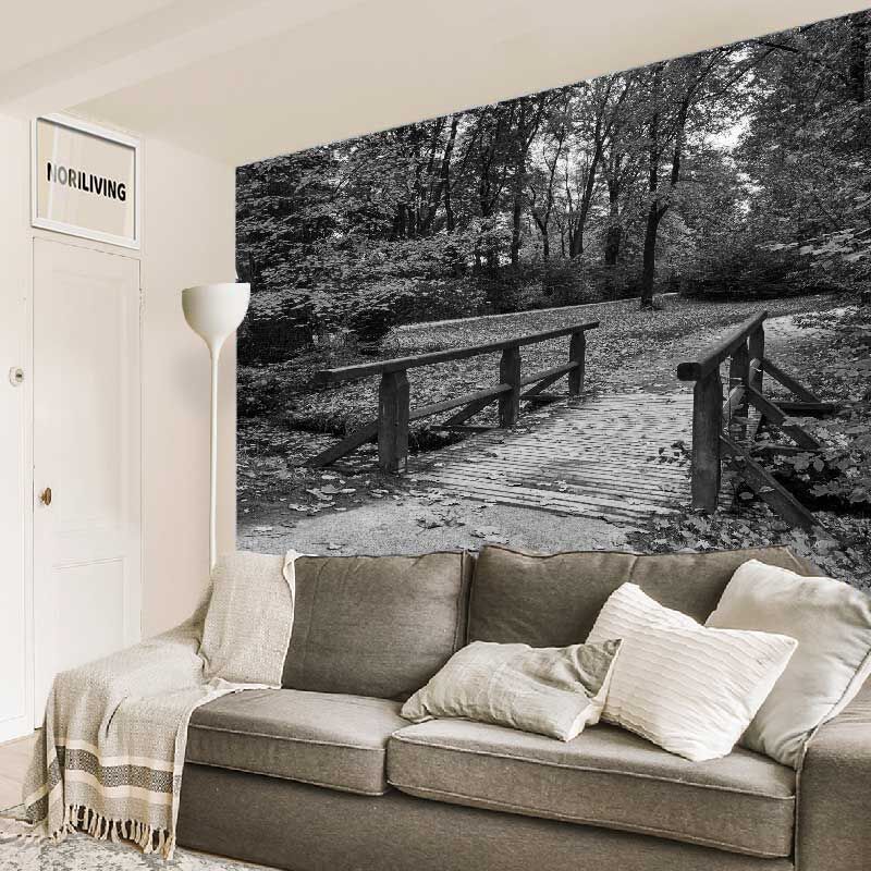 im Wohnzimmer eingebaute Wohnzimmerrückwand mit Motiv Englischer Garten in München im Herbst 550 schwarz-weiß