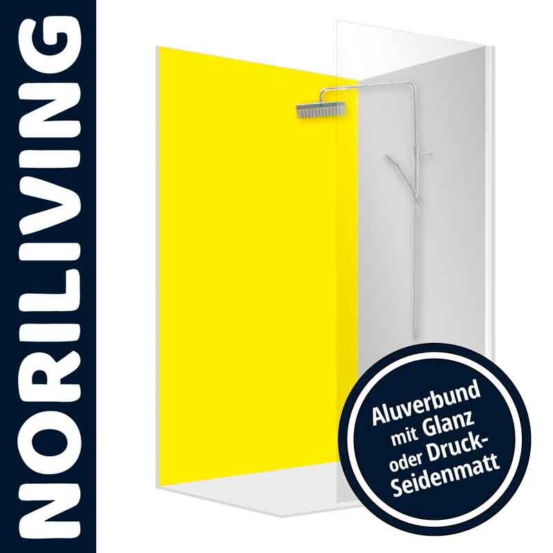 Duschabtrennung von NORILIVING aus Aluverbund, erhältlich in Glanz oder Druck-Seidenmatt.