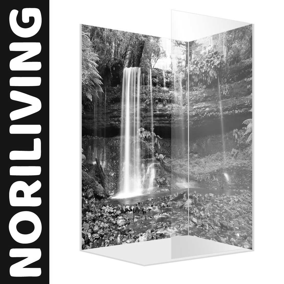 Eck-Duschrückwand Motiv Russel Wasserfall Tasmanien 264 schwarz-weiß Abbildung einer Eck-Duschrückwand mit Motiv Russel Wasserfall Tasmanien 264 schwarz-weiß