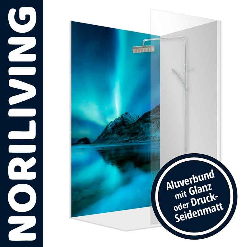Duschwand von NORILIVING mit Aludruck und Himmelsmotiv in Glanz oder Druck-Seidenmatt