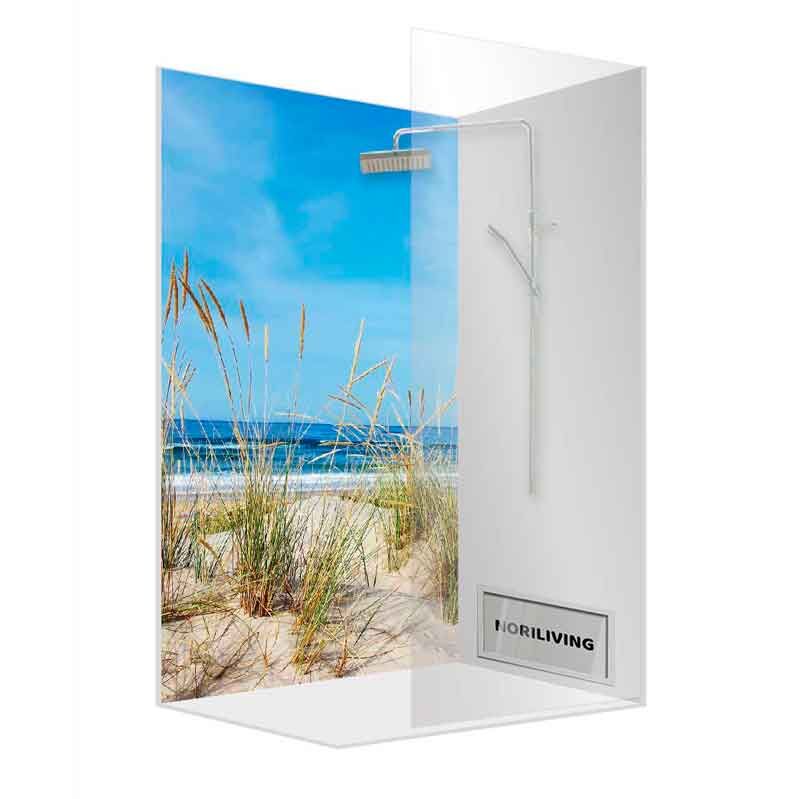 Duschrückwand mit Strand- und Meeresmotiv, Duschkopf und Glaswände