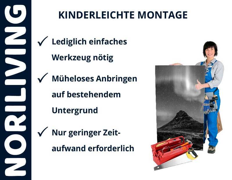 Frau mit Werkzeug präsentiert NoriLiving mit einfacher Montage, wenigen Werkzeugen und geringem Zeitaufwand