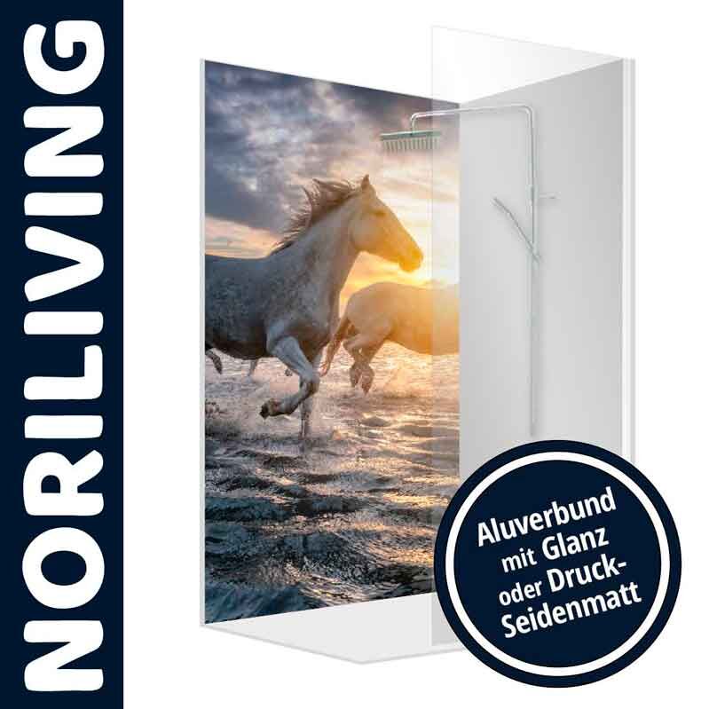 Duschtrennwand mit Pferdeabbildung und Sonnenuntergangshintergrund, angeboten von Noriliving, mit Optionen für glänzendes oder seidenmattes Finish