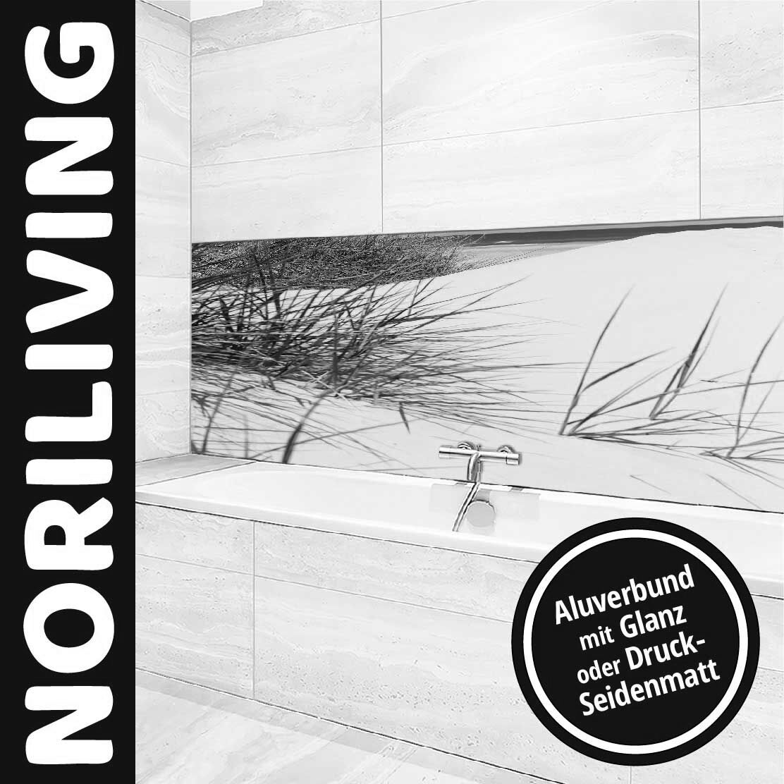 Ansicht des Badrückwand-Motivs Gras Düne Strand Nordsee 706 schwarz-weiß Unterkante