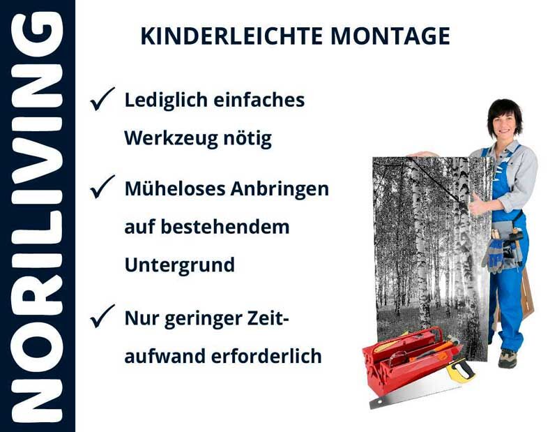 Frau präsentiert Noriliving-Produkte mit Hinweisen zu einfacher Montage und geringem Werkzeug- und Zeitaufwand