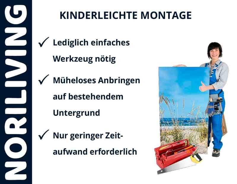 Plakat für Noriliving mit Montageanleitung und Werkzeugen