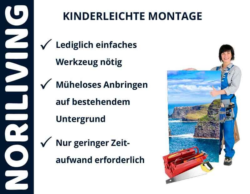 Noriliving Montageplakat mit einer Person, Werkzeug und Landschaftsbild