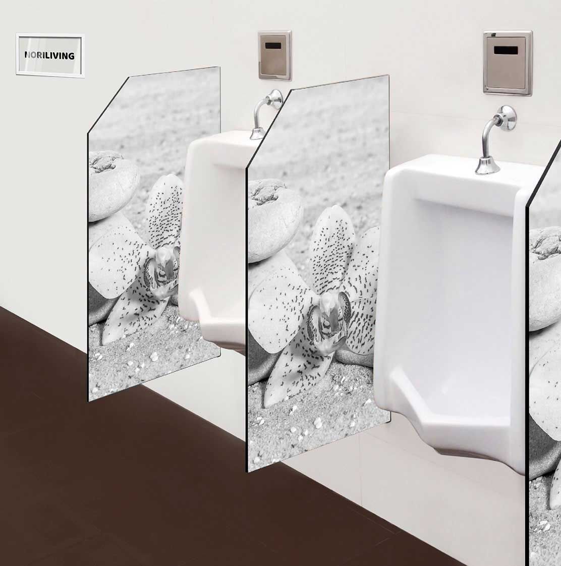 in der Toilette eingebaute Schamwand mit Motiv Orchidee mit Zensteinen im Sand 609 schwarz-weiß