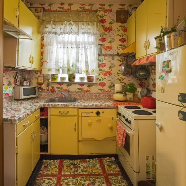 Retro-Küche mit gelben Schränken und floraler Tapete Eine gemütliche Retro-Küche mit gelben Schränken, floraler Tapete und traditionellen Küchenutensilien.