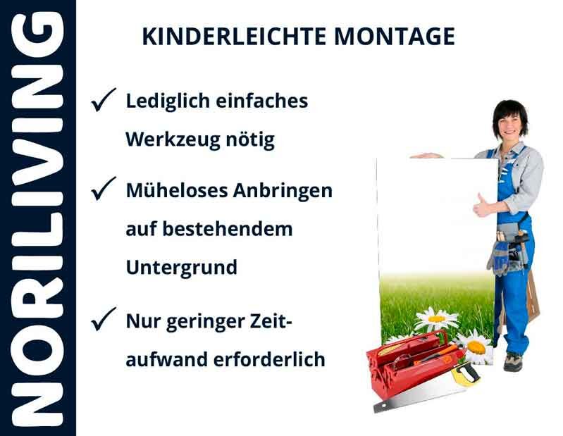 Werbung von NORILIVING für einfache Montage mit minimalem Werkzeugaufwand, eine Person hält ein Schild neben einer Werkzeugtasche.