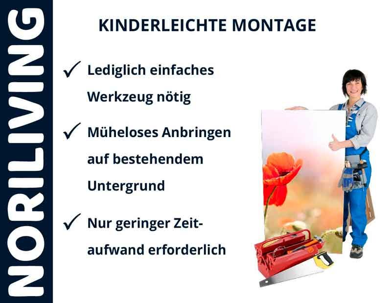 NORILIVING Werbebild: Einfache Montageanleitung mit Person, die eine Kunststoffplatte mit Blumenmotiv hält. Werkzeugbeutel im Vordergrund.