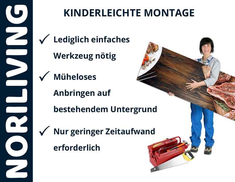 Frau hält Holzpaneel, Text: Kinderleichte Montage, nur einfaches Werkzeug nötig, müheloses Anbringen auf bestehendem Untergrund, geringer Zeitaufwand. Markenname Noriliving sichtbar.