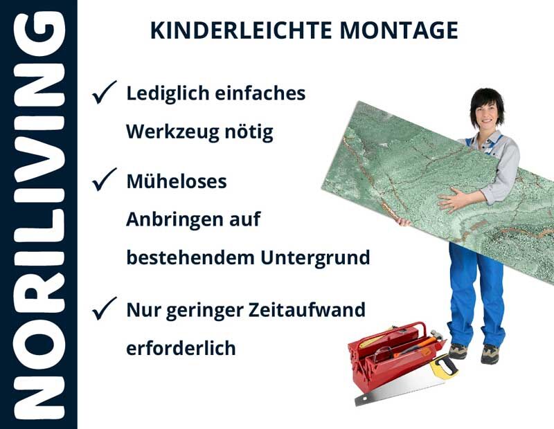 Anleitung zur einfachen Montage von Noriliving mit minimalem Werkzeug und Zeitaufwand, gezeigt durch eine Person mit Werkmaterial.