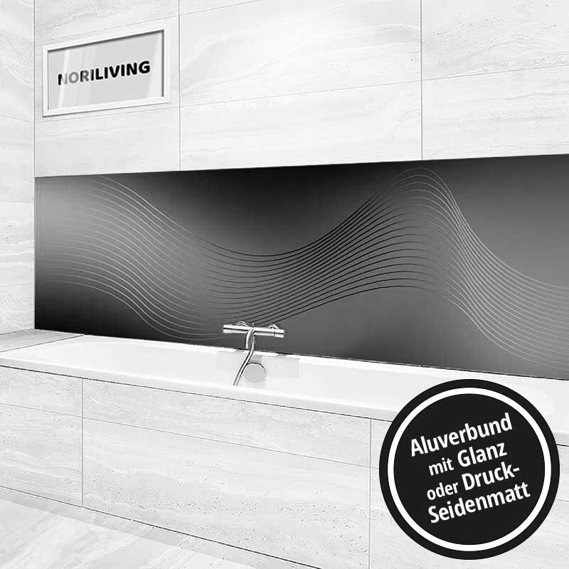Ansicht des Badrückwand-Motivs Regenbogen-Hintergrund mit wellenförmigen Linien 943 schwarz-weiß Höhe zentriert