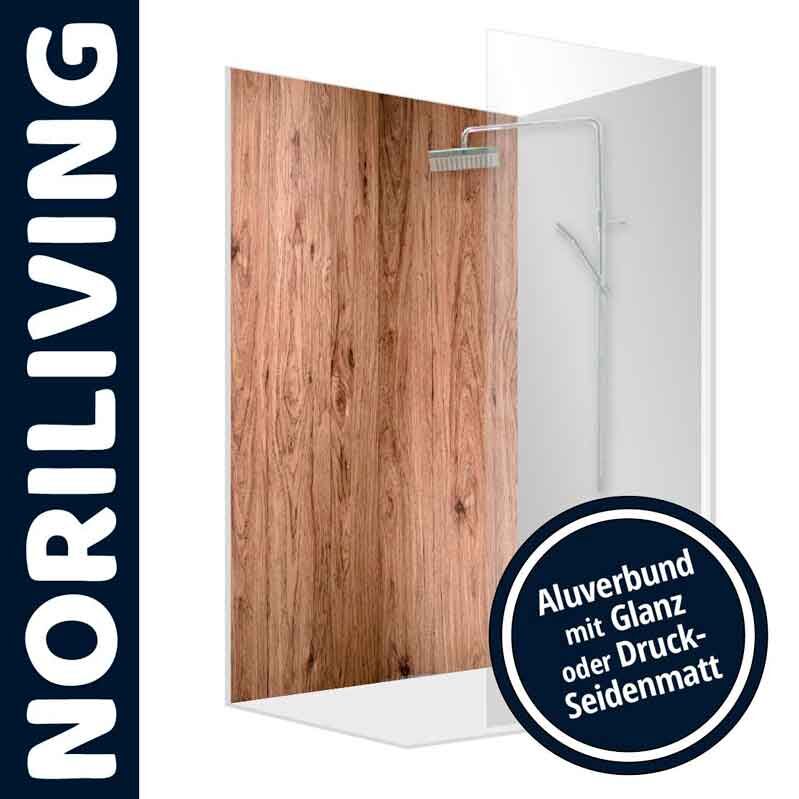 Duschwand von Noriliving aus Aluverbund mit Holzoptik, verfügbar in Glanz oder Druck-Seidenmatt
