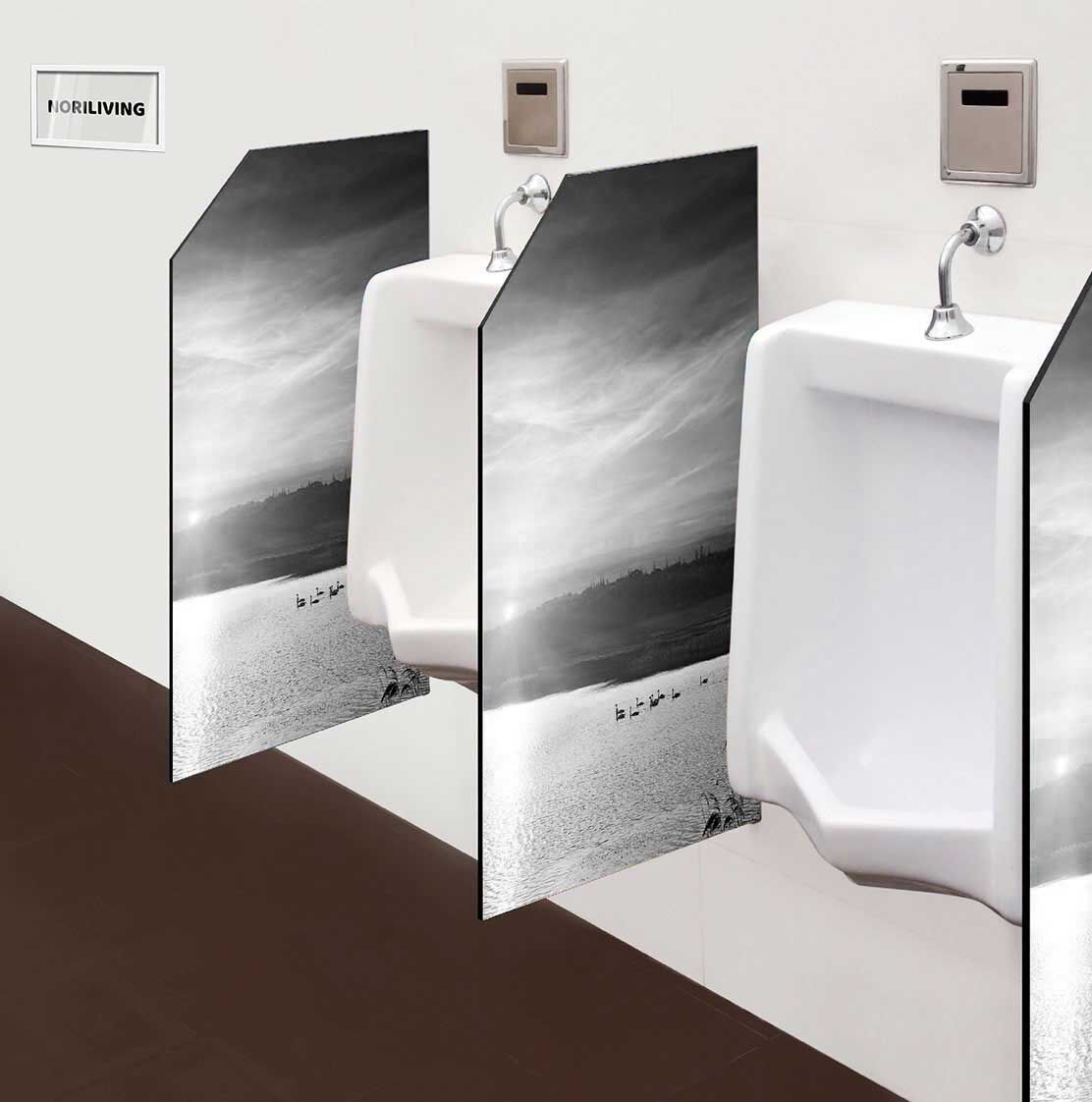 in der Toilette eingebaute Schamwand mit Motiv Sonnenuntergang über dem Fluss mit Schwänen 749 schwarz-weiß