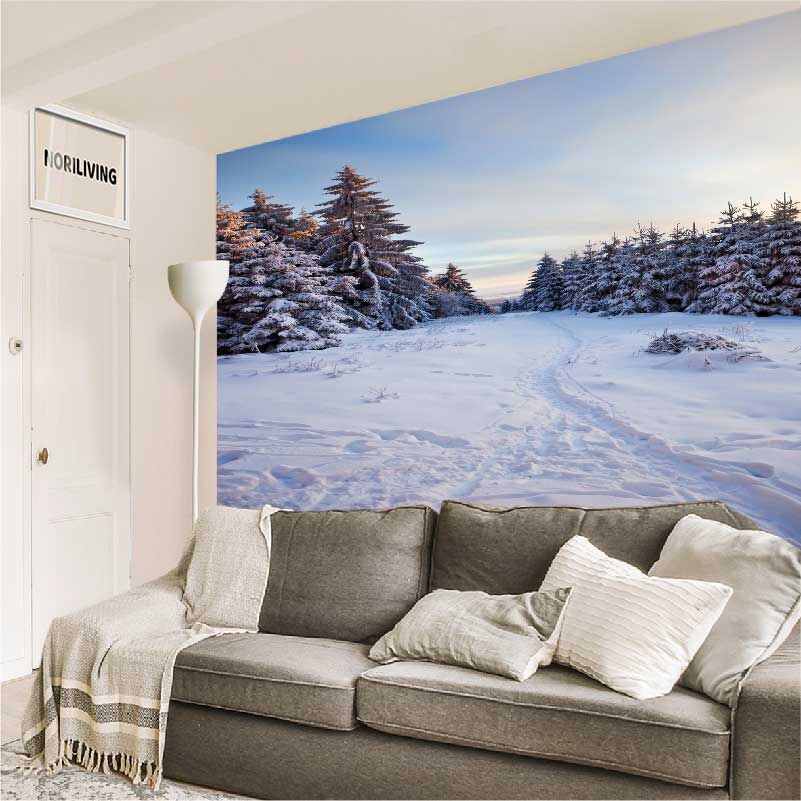 im Wohnzimmer eingebaute Wohnzimmerrückwand mit Motiv Winterwald im Harz 250