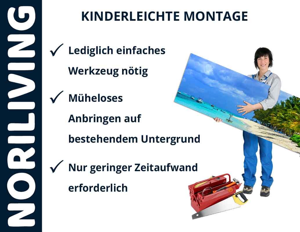 Person hält großes Bild mit Strandmotiv, daneben Text über einfache Montage mit NORILIVING, Werkzeug abgebildet
