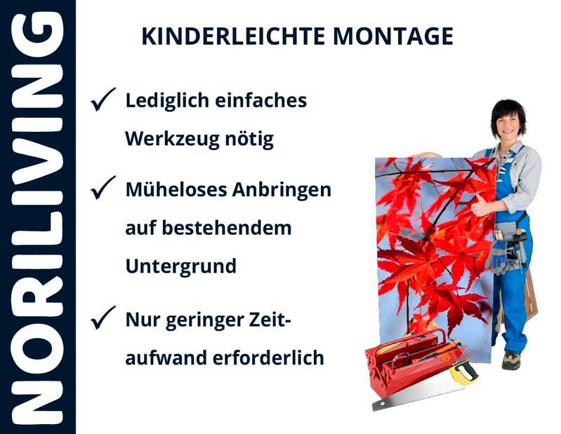 Frau bei der Montage einer Wanddekoration mit rotem Ahornblattmuster. Einfache Anleitung für NORILIVING Produkte mit minimalem Werkzeug- und Zeitaufwand.