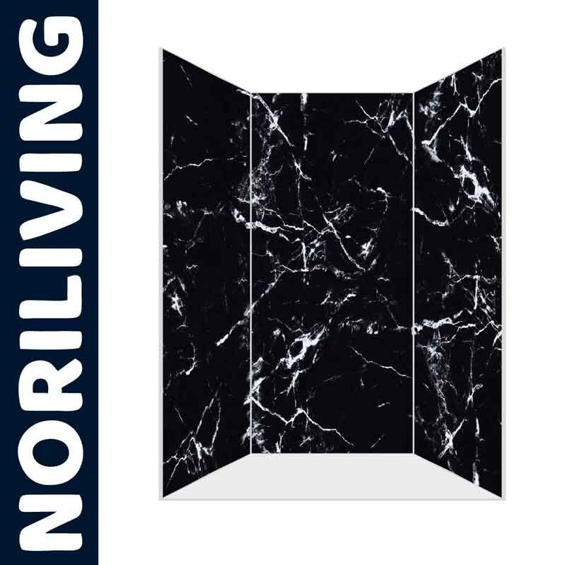 Schwarzer Duschschirm im Marmor-Look von Noriliving, dreiteilig