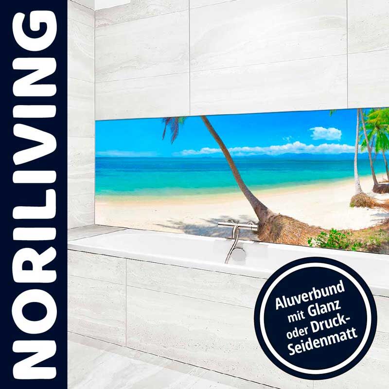 Badezimmer mit Strandmotiv als Wandgestaltung auf Aluverbundplatte in Glanz oder Seidenmatt