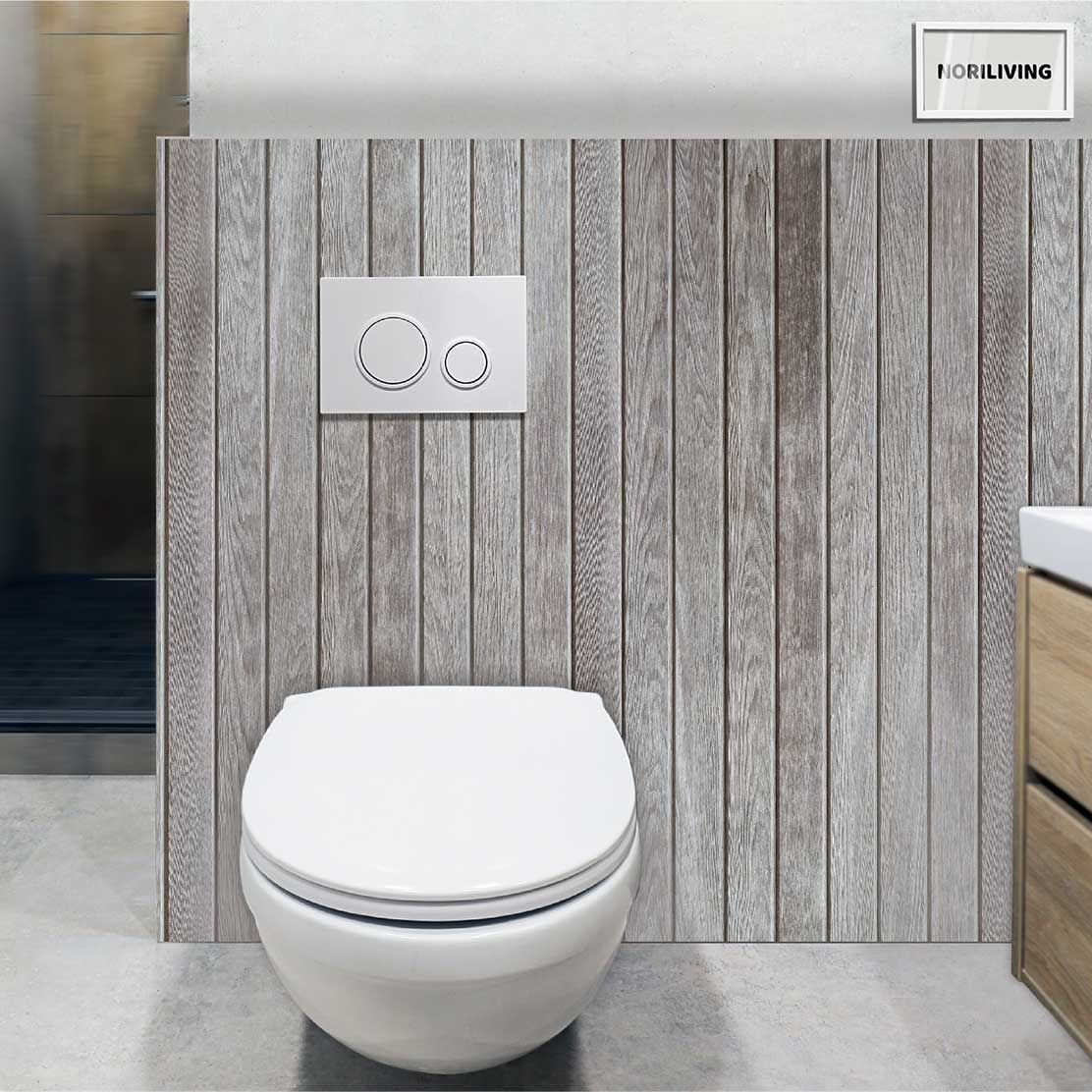 im WC eingebaute Toilettenrückwand mit Motiv Grauer Holzzaun 286