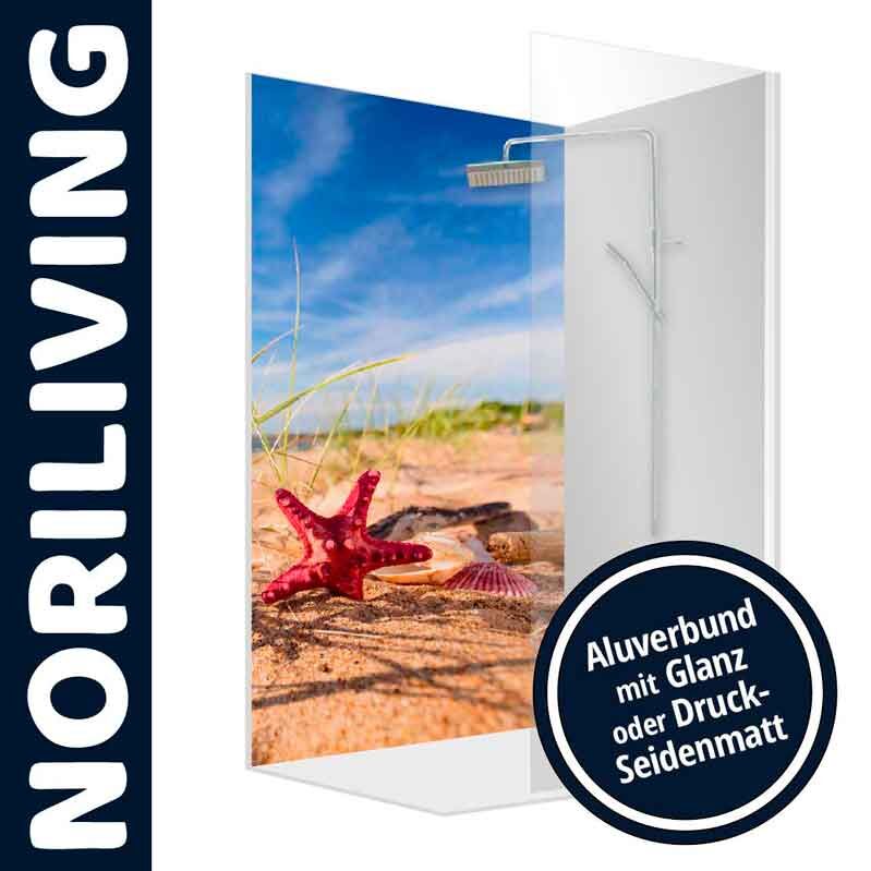Dekorative Duschwand von Noriliving mit einem farbenfrohen Meeresmotiv, Aluverbund erhältlich in Glanz oder seidenmatt