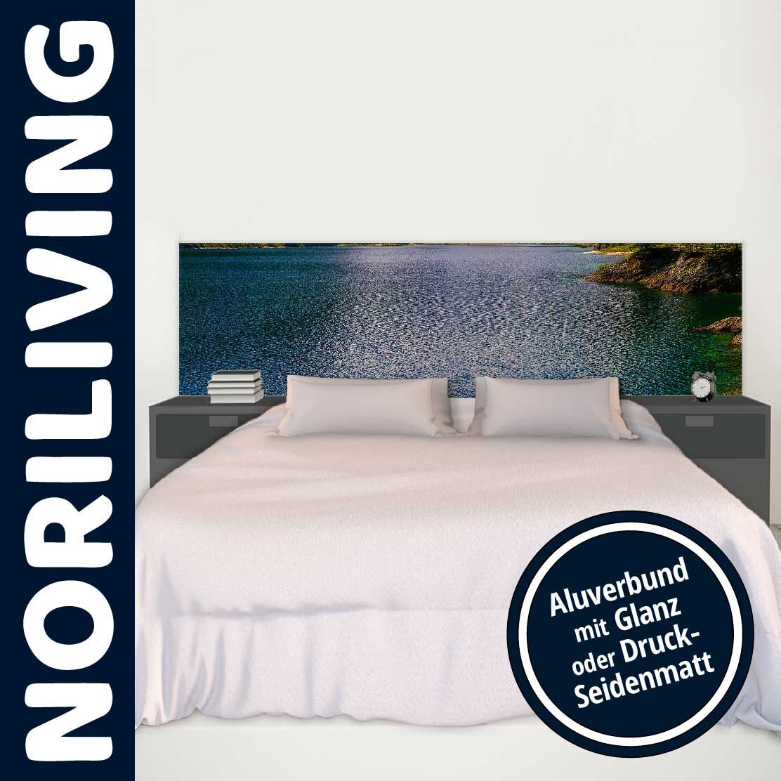 Modernes Schlafzimmer mit NORILIVING Bett und dekorativem Wandbild eines Seepanoramas auf Aluverbund