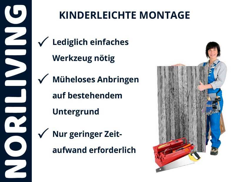 Frau demonstriert einfache Montage mit Noriliving-Paneelen, benötigt nur einfaches Werkzeug und geringen Zeitaufwand.