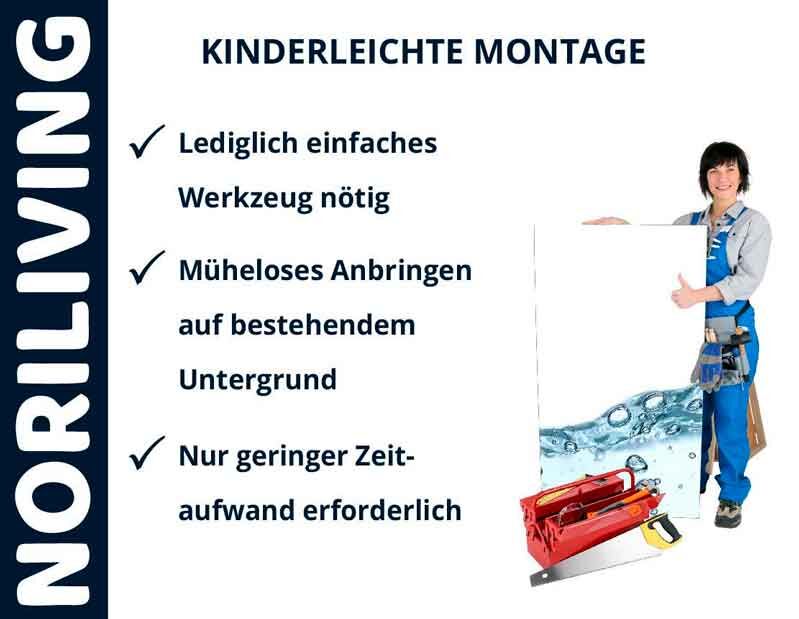 Frau zeigt einfache Montage mit Werkzeugen für NORILIVING-Produkte, Text erklärt einfachen Prozess