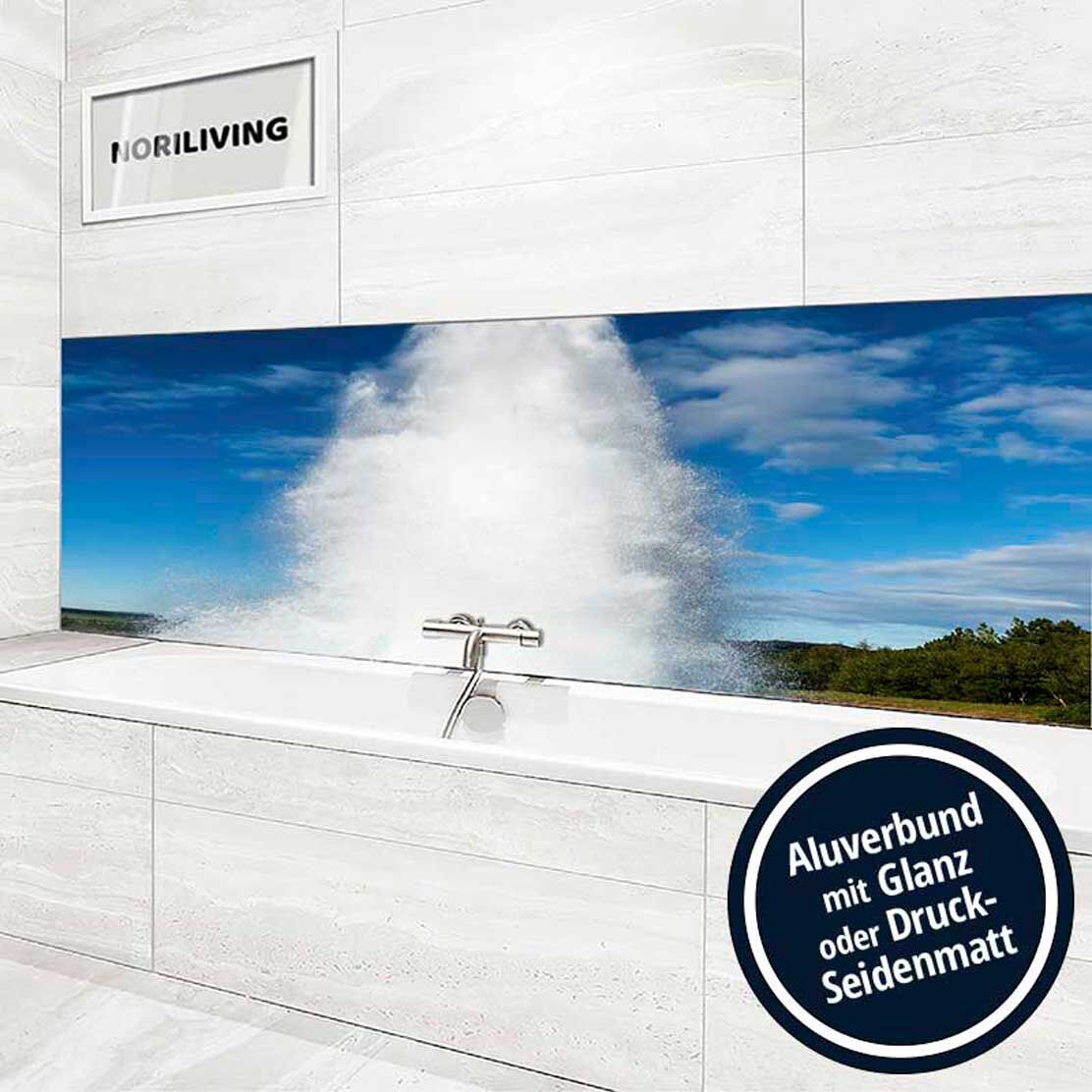 Ansicht des Badrückwand-Motivs ausbrechender Geysir heißer Quellen auf Island 011 Höhe zentriert