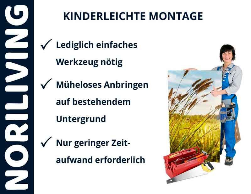 Person zeigt Bild mit Getreidefeld, daneben steht kinderleichte Montage: Einfaches Werkzeug nötig, müheloses Anbringen auf bestehendem Untergrund, geringer Zeitaufwand.
