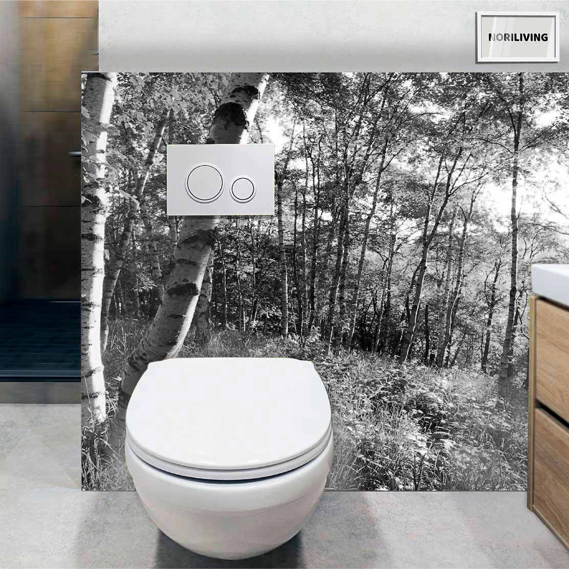 im WC eingebaute Toilettenrückwand mit Motiv Birkenwald 090 schwarz-weiß