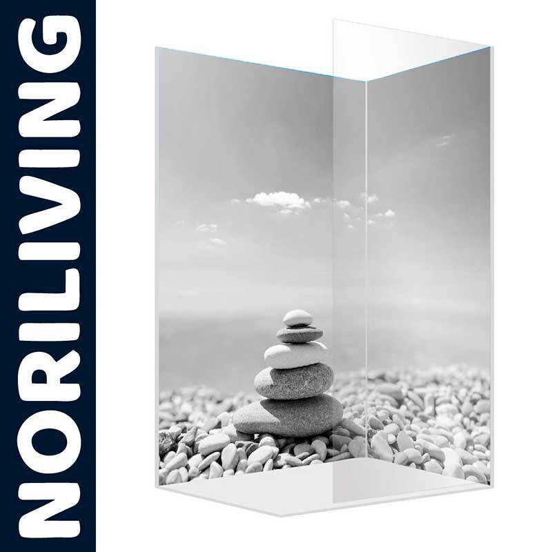 Noriliving Raumteiler mit Zen-Steinhaufen auf Kieselstrand im Schwarz-Weiß-Design