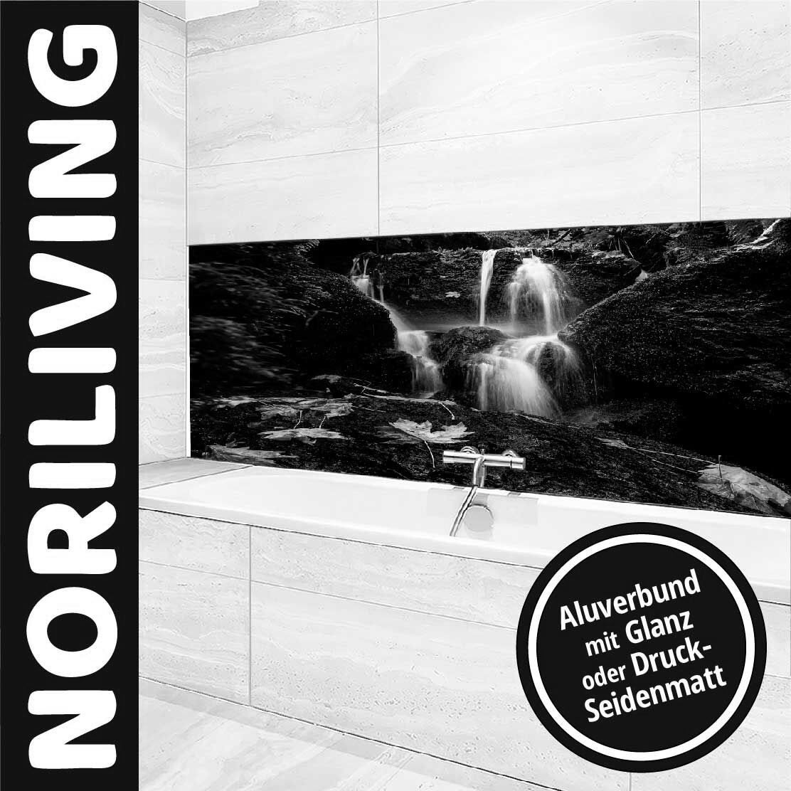 Ansicht des Badrückwand-Motivs Bach Wasserfall Kaskade 634 schwarz-weiß Oberkante