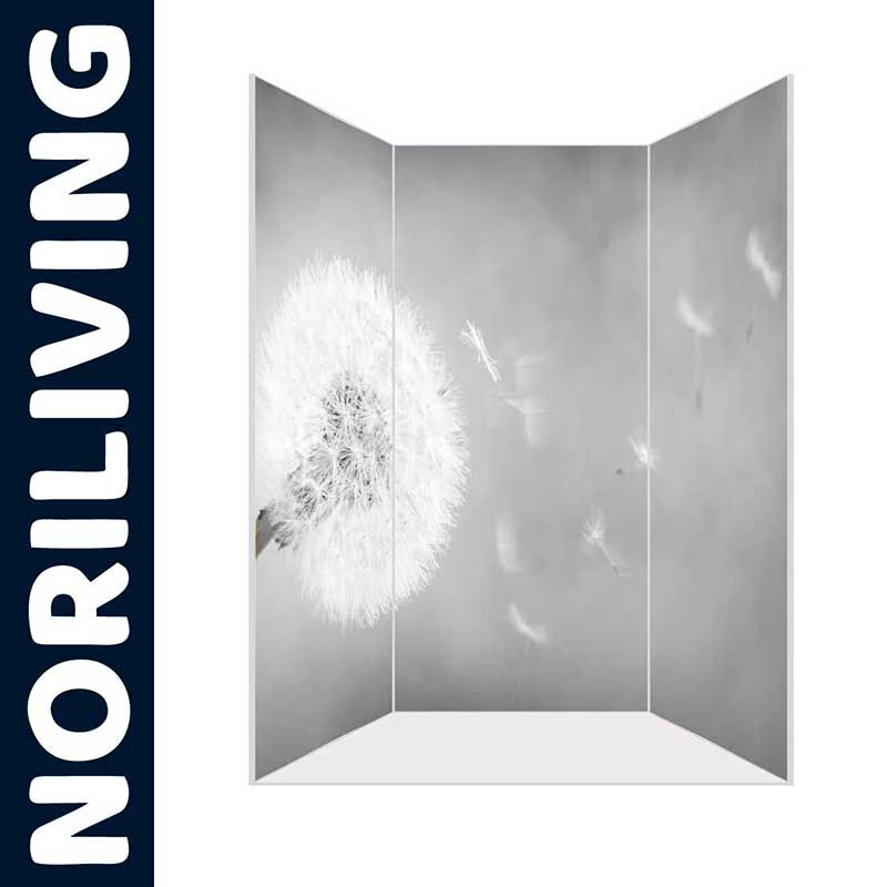 Dreiteiliger Raumteiler mit stilisiertem Pusteblumen-Motiv auf grauem Hintergrund