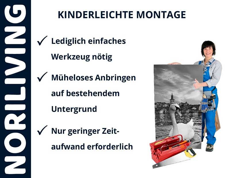 Person präsentiert Noriliving Wanddekoration mit einfacher Montageanleitung