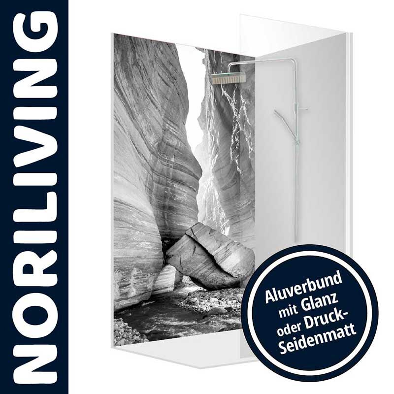 Duschrückwand aus Aluverbund mit Naturmotiv und Auswahl zwischen glänzendem oder seidenmattem Druck