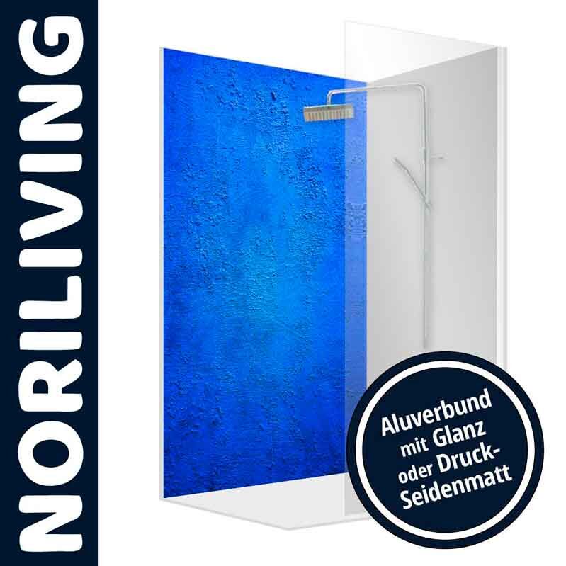 Duschwand von Noriliving mit blauem Aluverbund, erhältlich in Glanz oder Druck-Seidenmatt