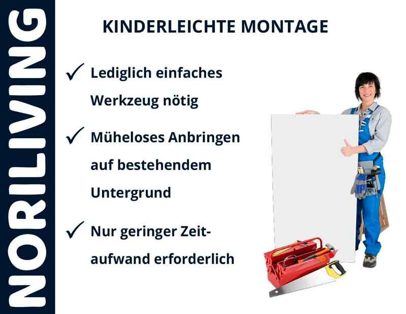 Person mit Werkzeugkasten zeigt auf Noriliving-Produkt und Hebevorrichtung, kinderleichte Montage beschrieben