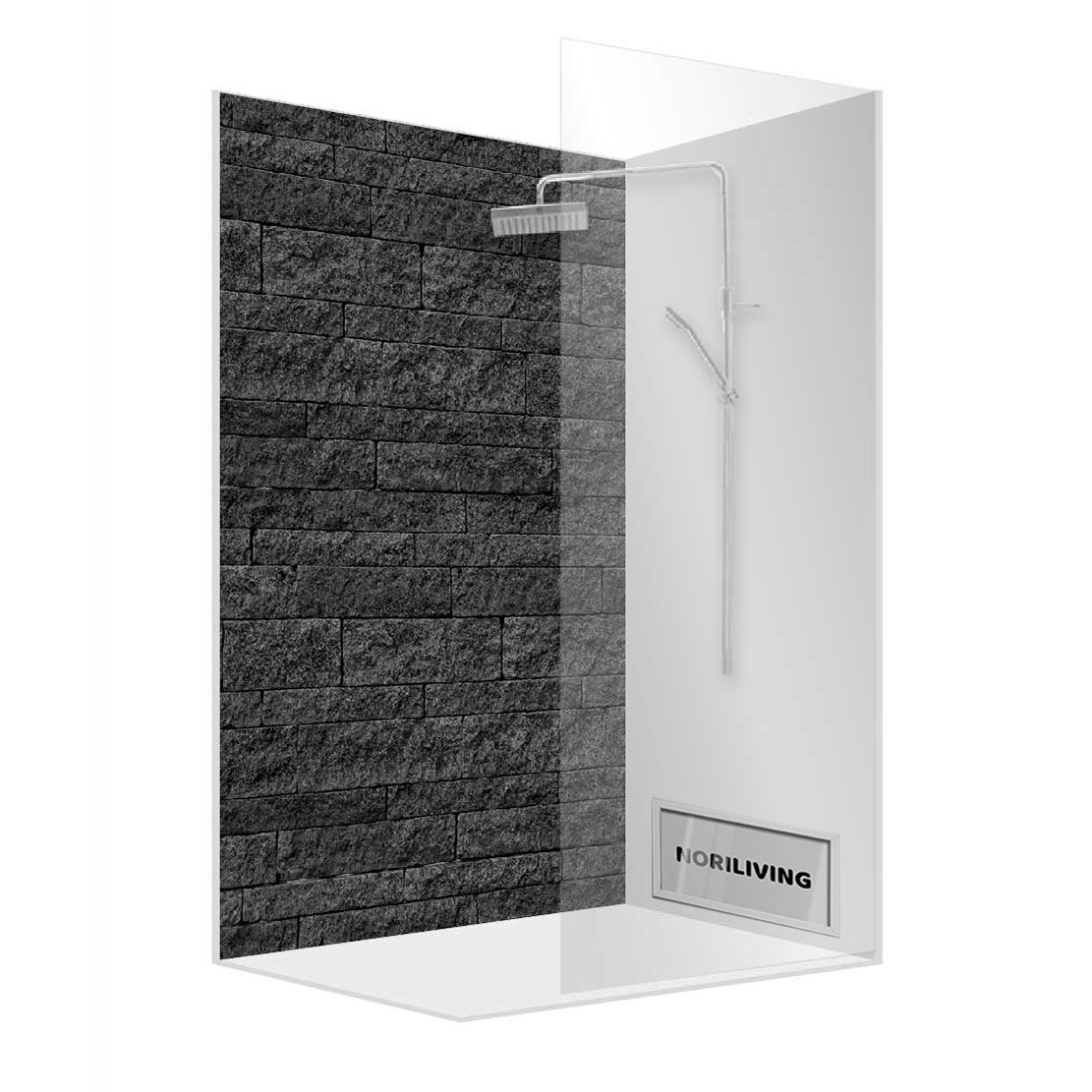 Einzel-Duschrückwand Motiv Steinwand beige - blau 430 schwarz-weiß Abbildung einer Einzel-Duschrückwand mit Motiv Steinwand beige - blau 430 schwarz-weiß