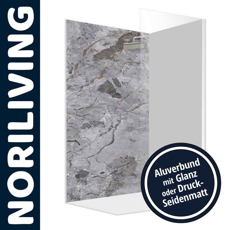 Duschwand von NORILIVING mit Marmoroptik in Aluverbund, erhältlich in Glanz oder Druck-Seidenmatt