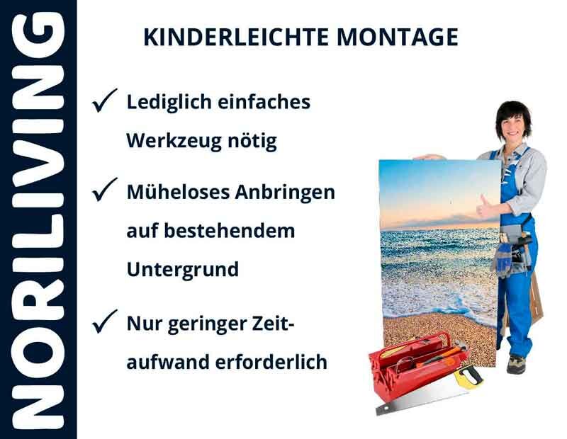Detailliertes Bild von Noriliving, das eine einfache Montageanleitung zeigt. Eine Person steht mit einem Wandbild und Werkzeugen. Tipps für müheloses Anbringen und geringen Zeitaufwand hervorgehoben.