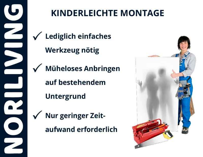 Werbung für Noriliving mit einfachen Montageanweisungen und Werkzeuganzeige