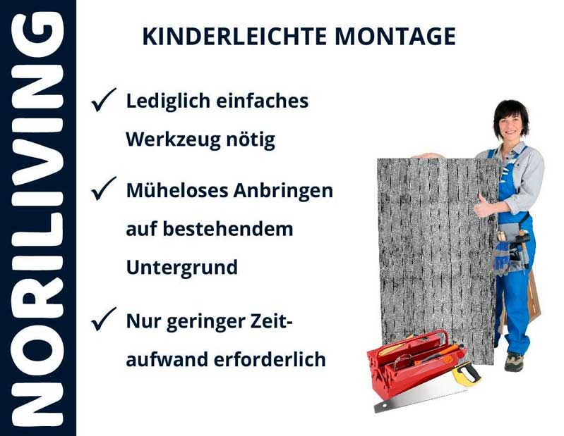 Frau präsentiert eine einfache Montageanleitung mit Werkzeug und Materialien von NORILIVING