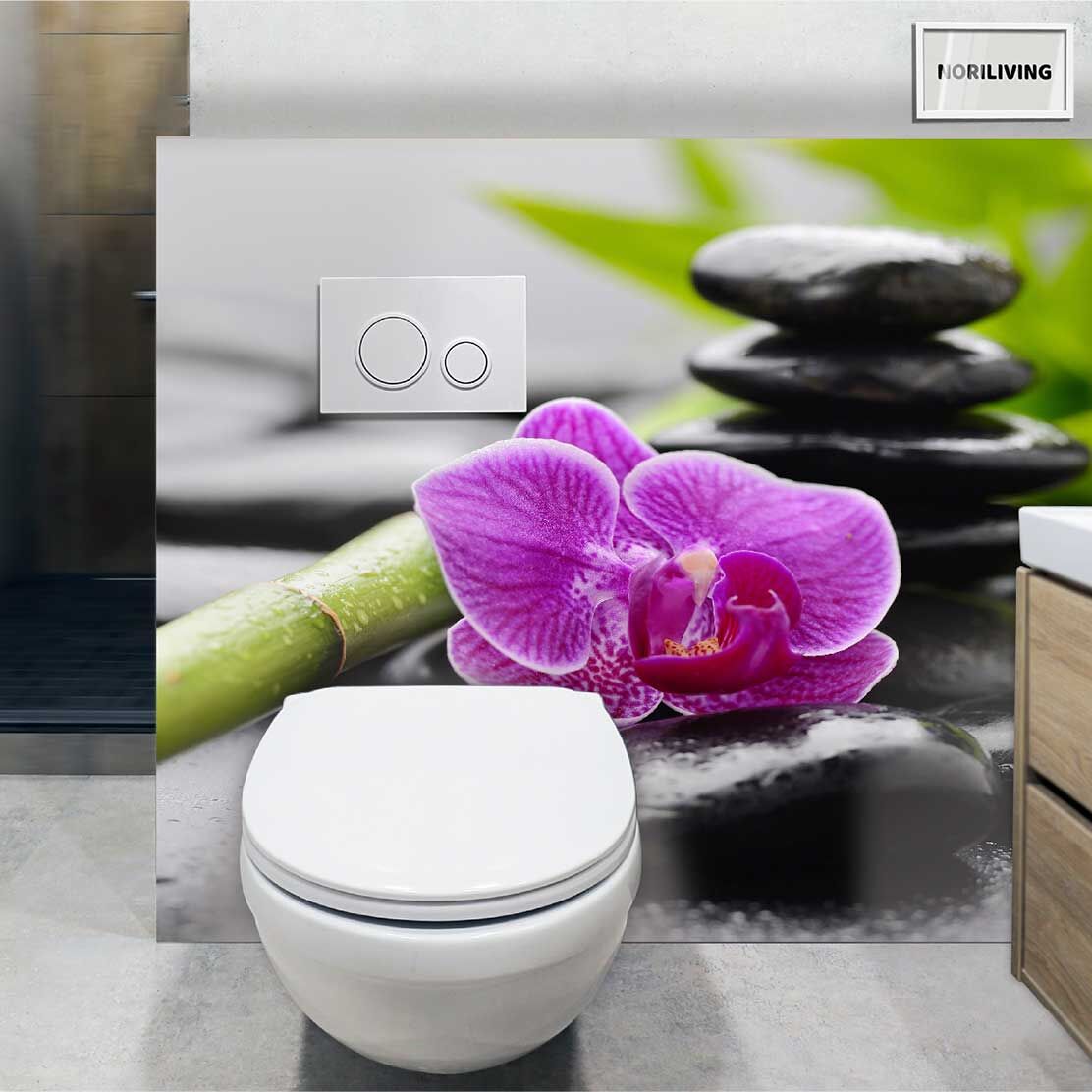 im WC eingebaute Toilettenrückwand mit Motiv Zen Steine mit Orchidee 553
