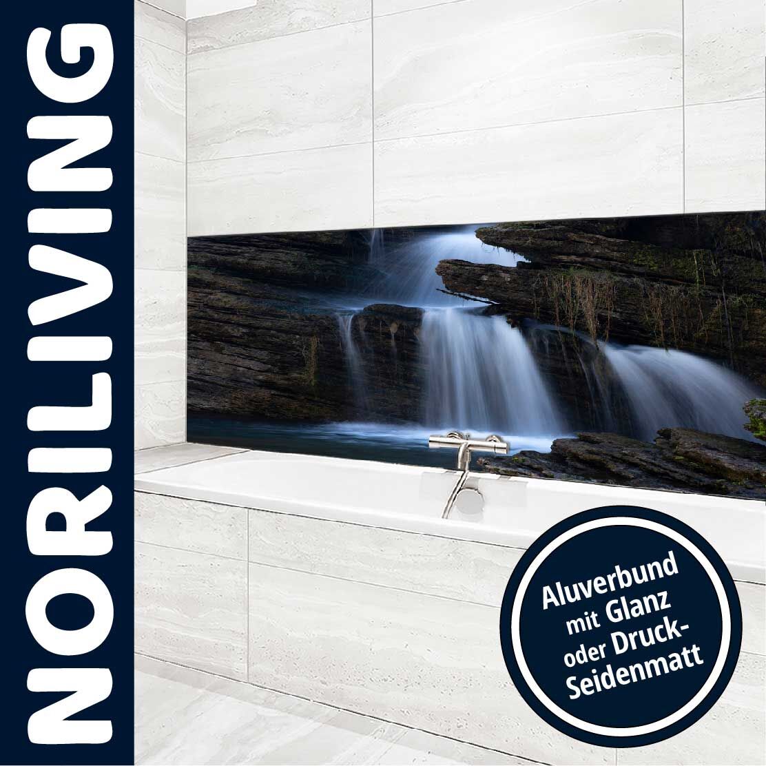 Elegante Badewanne mit glanzvollem Aluverbund und Wasserfallbild an der Wand